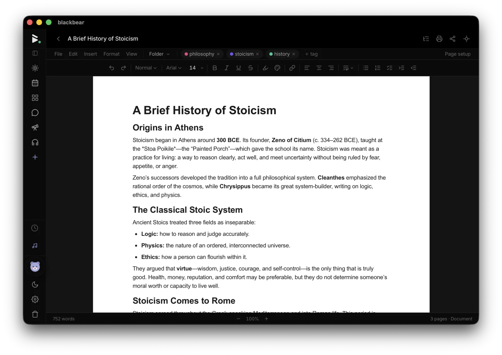 a paginated document in the blackbear desktop app