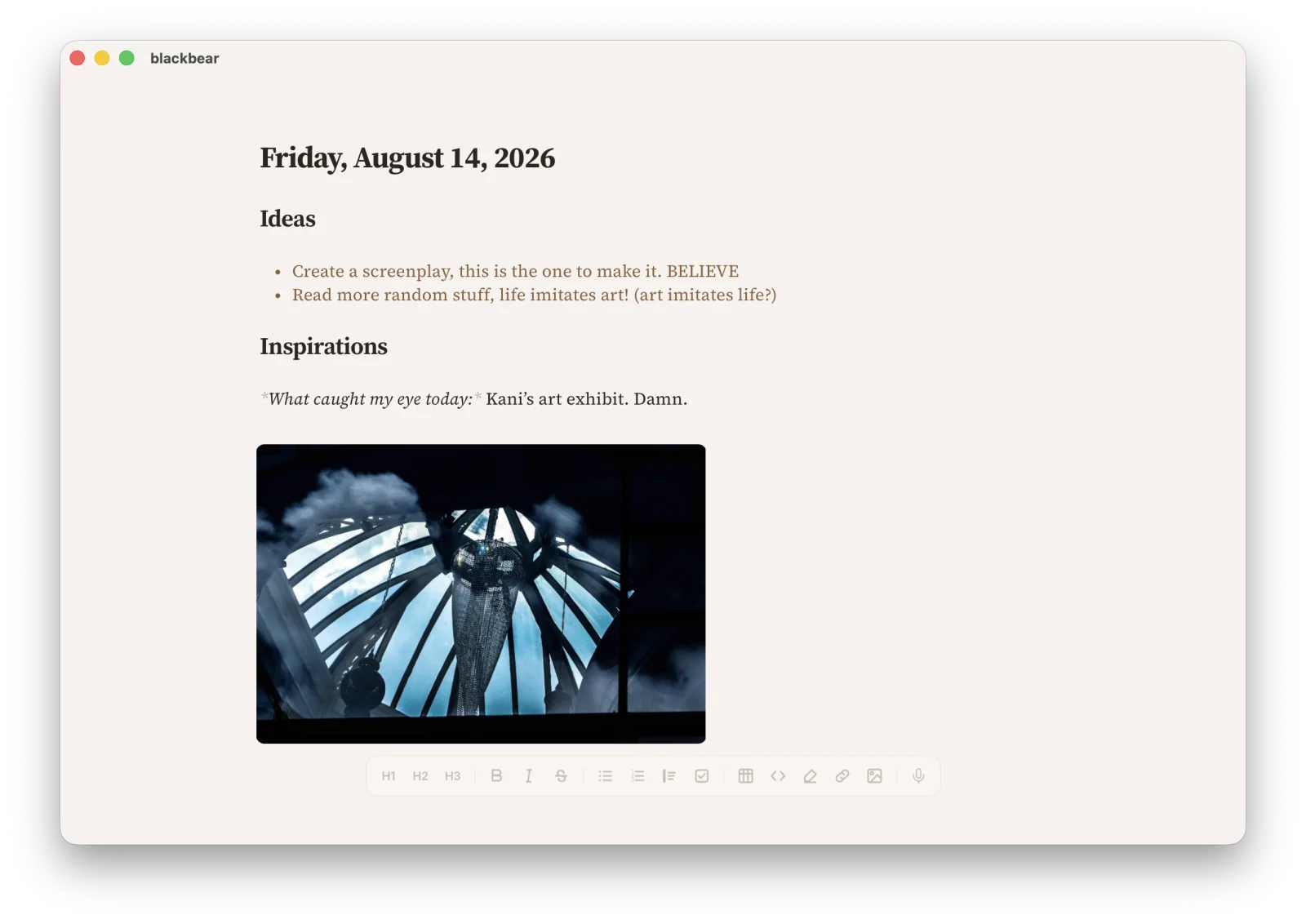 blackbear daily journal entry in focus mode, native desktop app