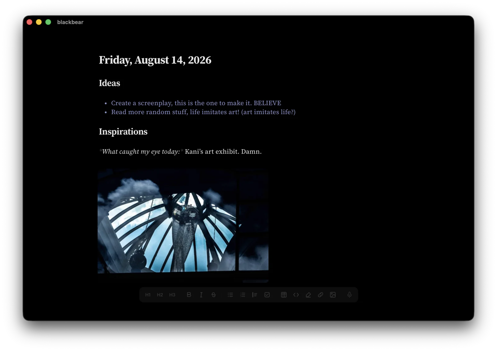 blackbear daily journal entry in focus mode, native desktop app