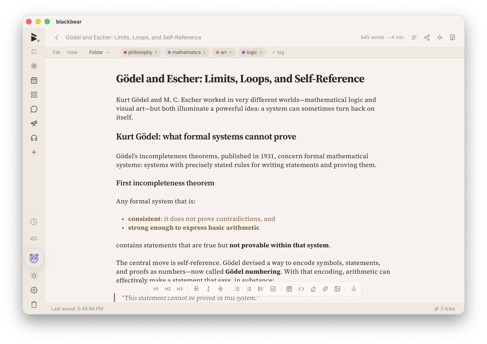 blackbear notes in the native desktop app: markdown editor with formatting toolbar