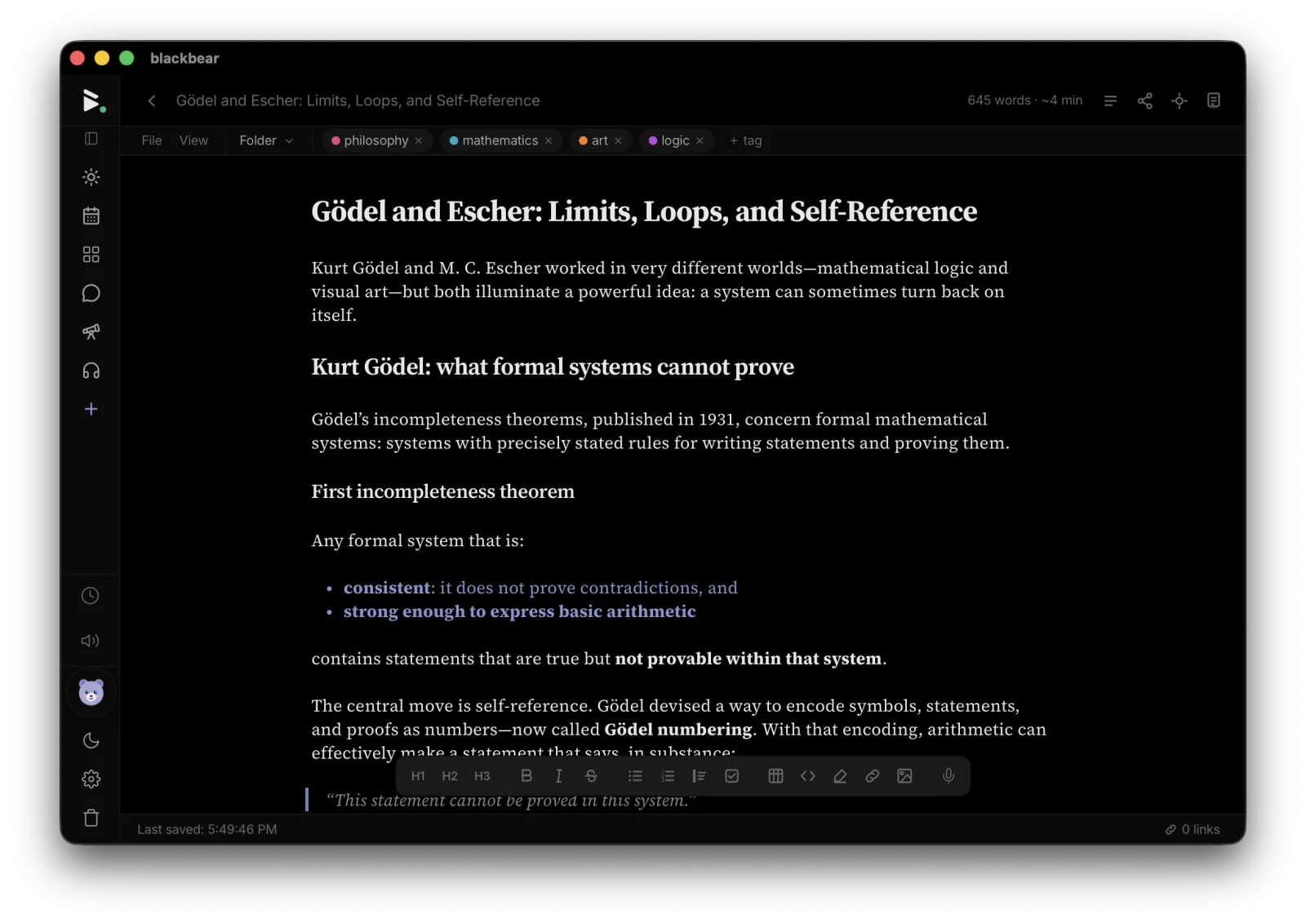 blackbear notes in the native desktop app: markdown editor with formatting toolbar
