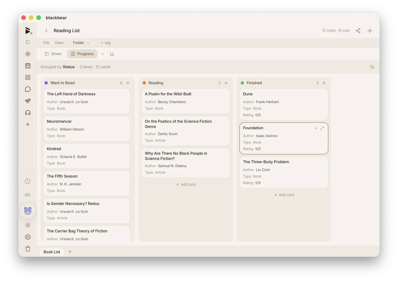 blackbear sheet in kanban view, native desktop app