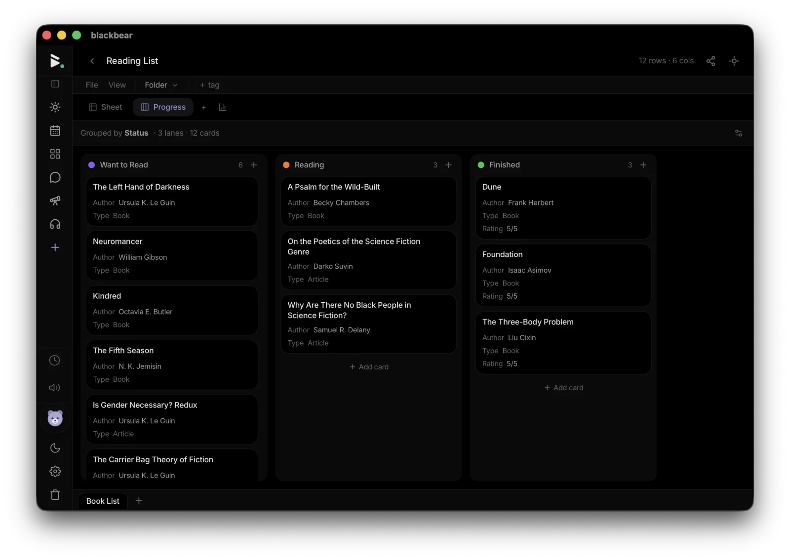blackbear sheet in kanban view, native desktop app