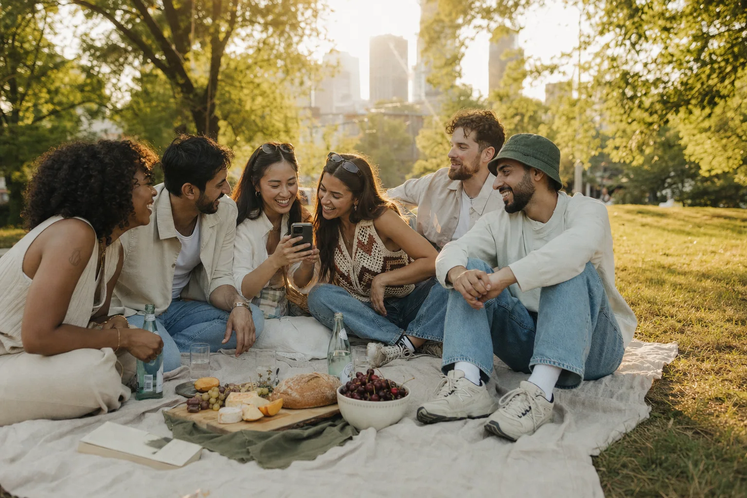 Six friends at a picnic in a park at golden hour, laughing while one shows the others a photo on her phone