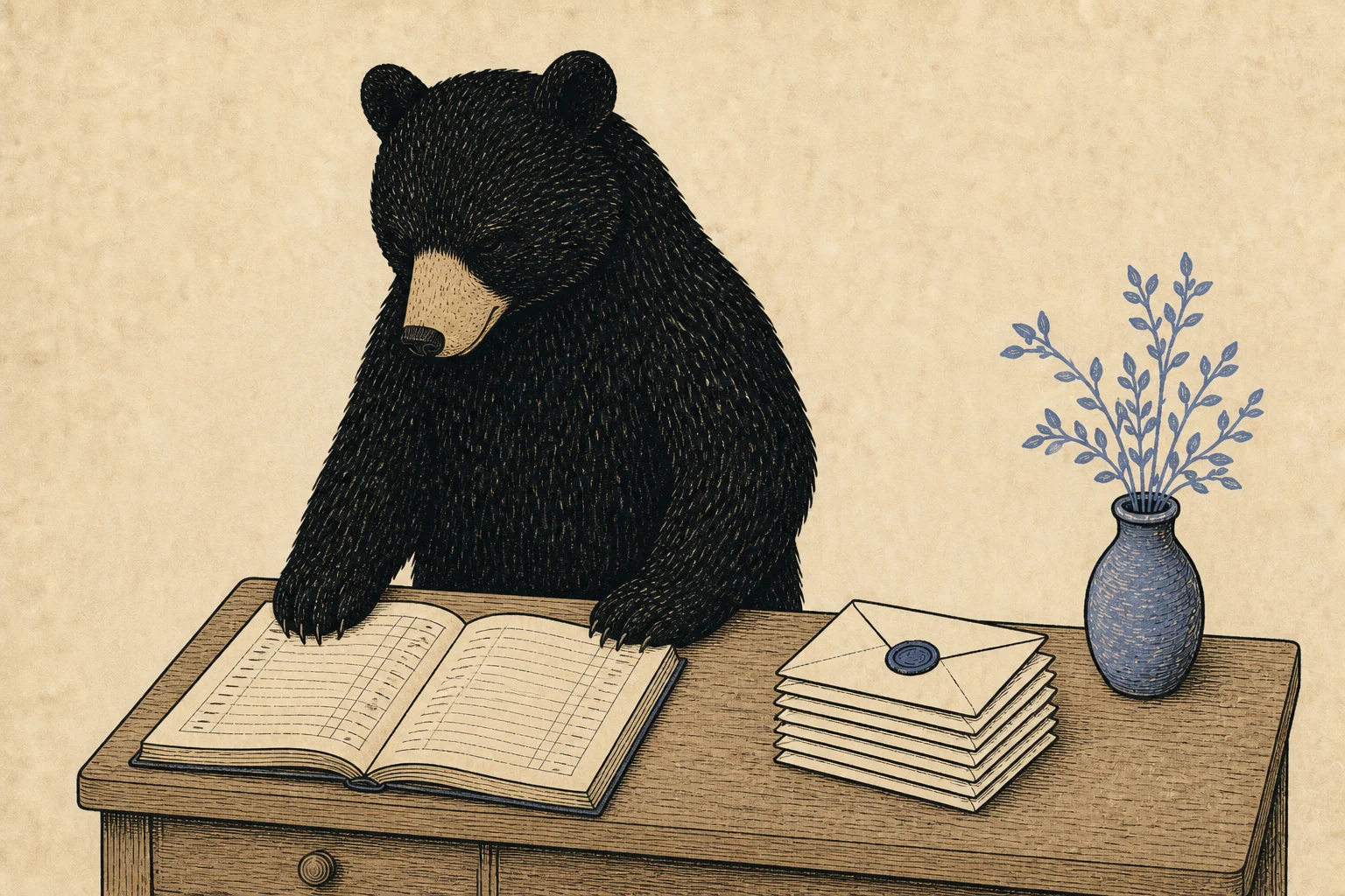 Illustration: a black bear reading an open ledger showing only ruled lines, next to a stack of sealed envelopes