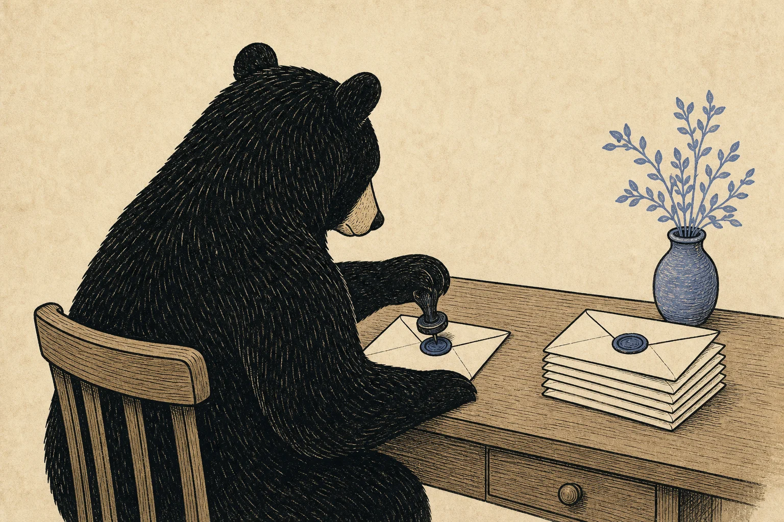 Illustration: a black bear at a wooden desk pressing a wax seal onto an envelope, beside a stack of already-sealed envelopes