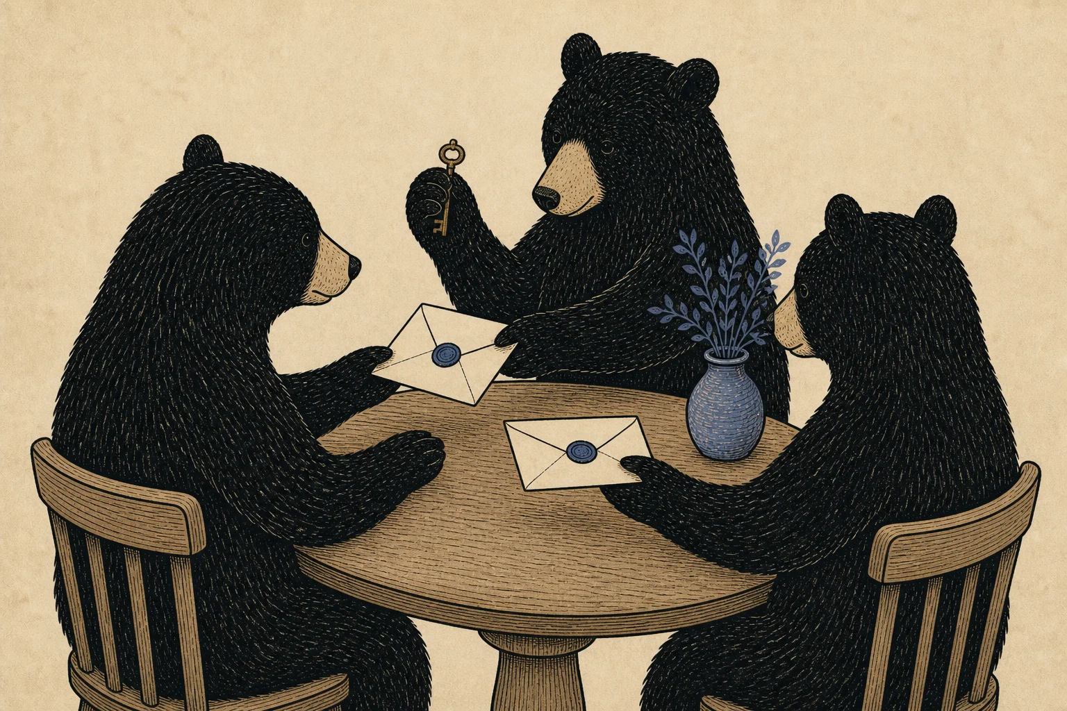 Illustration: three black bears at a round table passing sealed envelopes, one holding a small brass key