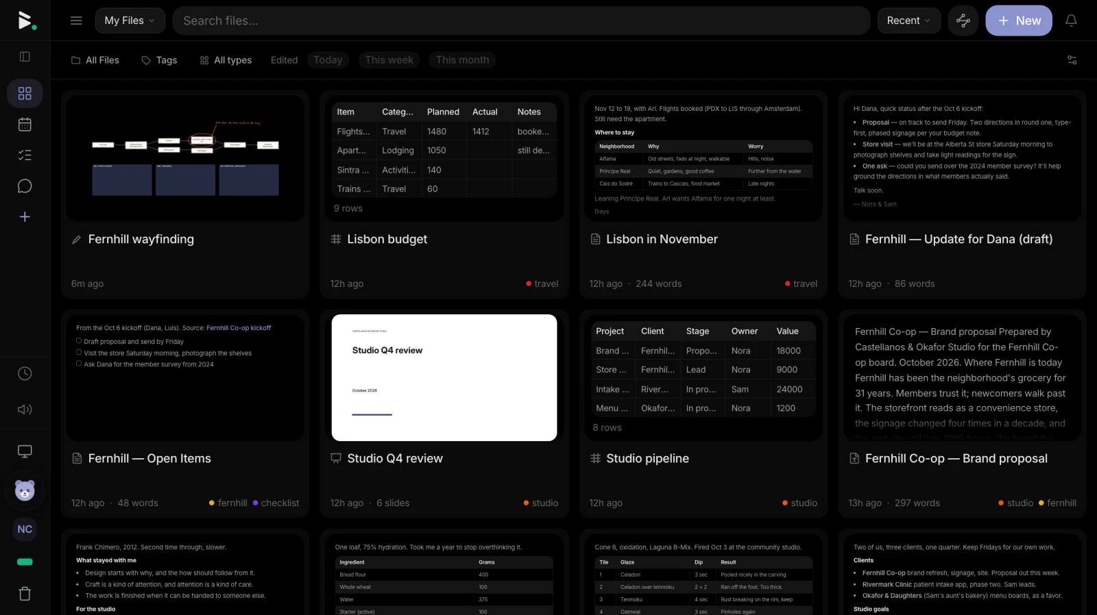 The Blackbear Desk in the dark theme: notes, sheets, images, audio and documents side by side