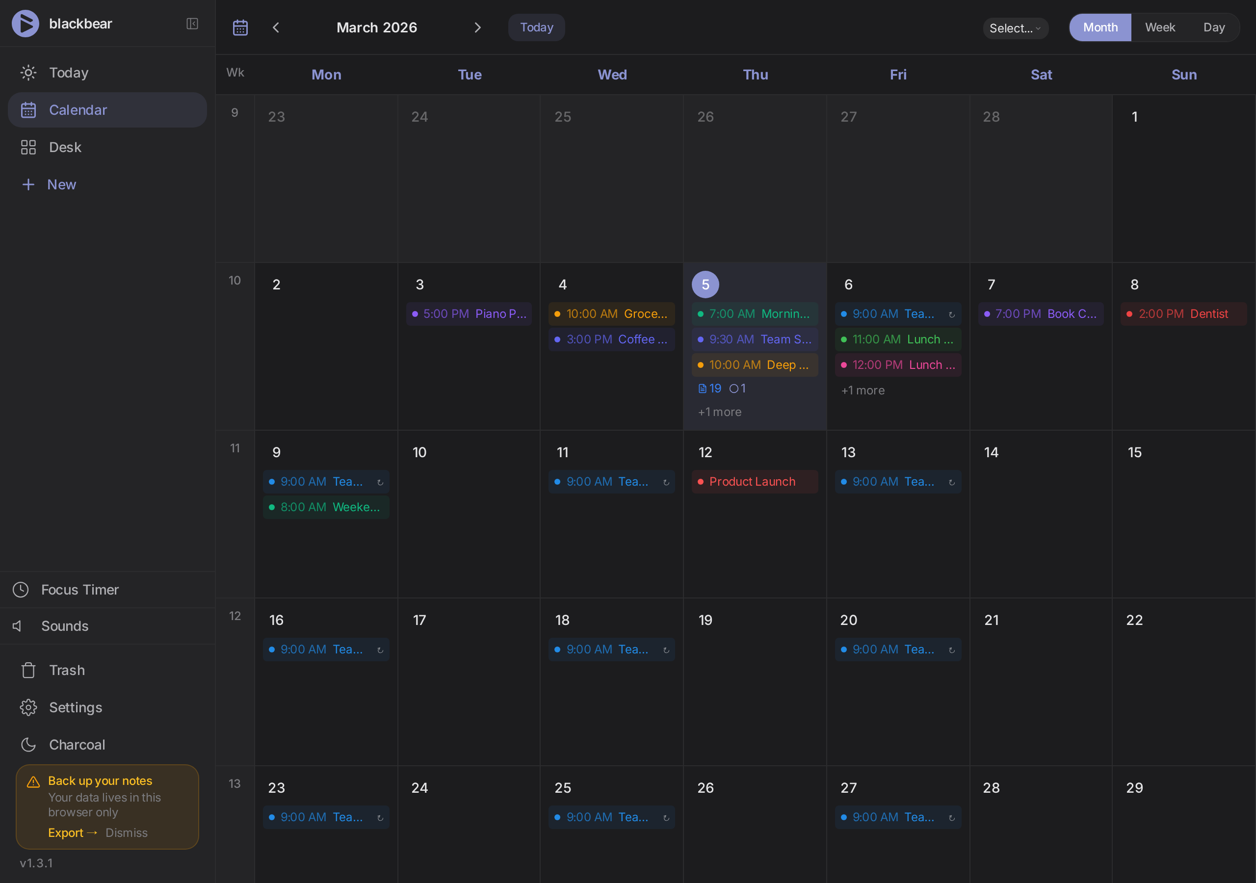 blackbear calendar — month view with color-coded events