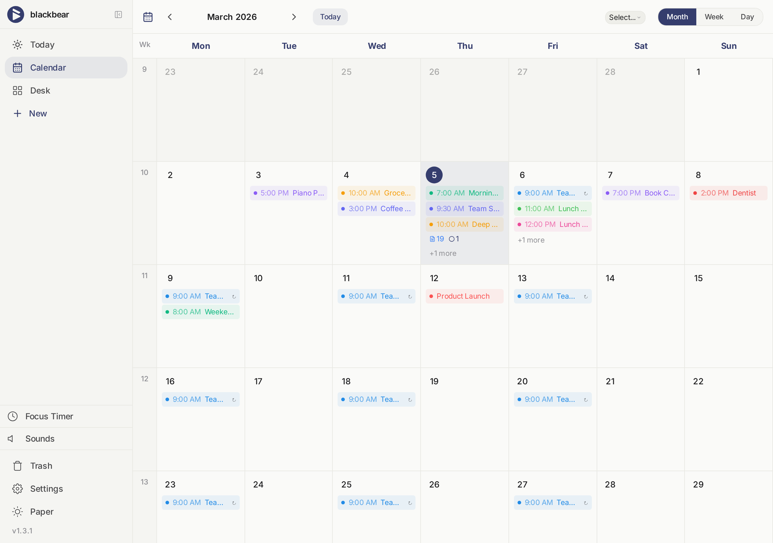 blackbear calendar — month view with color-coded events