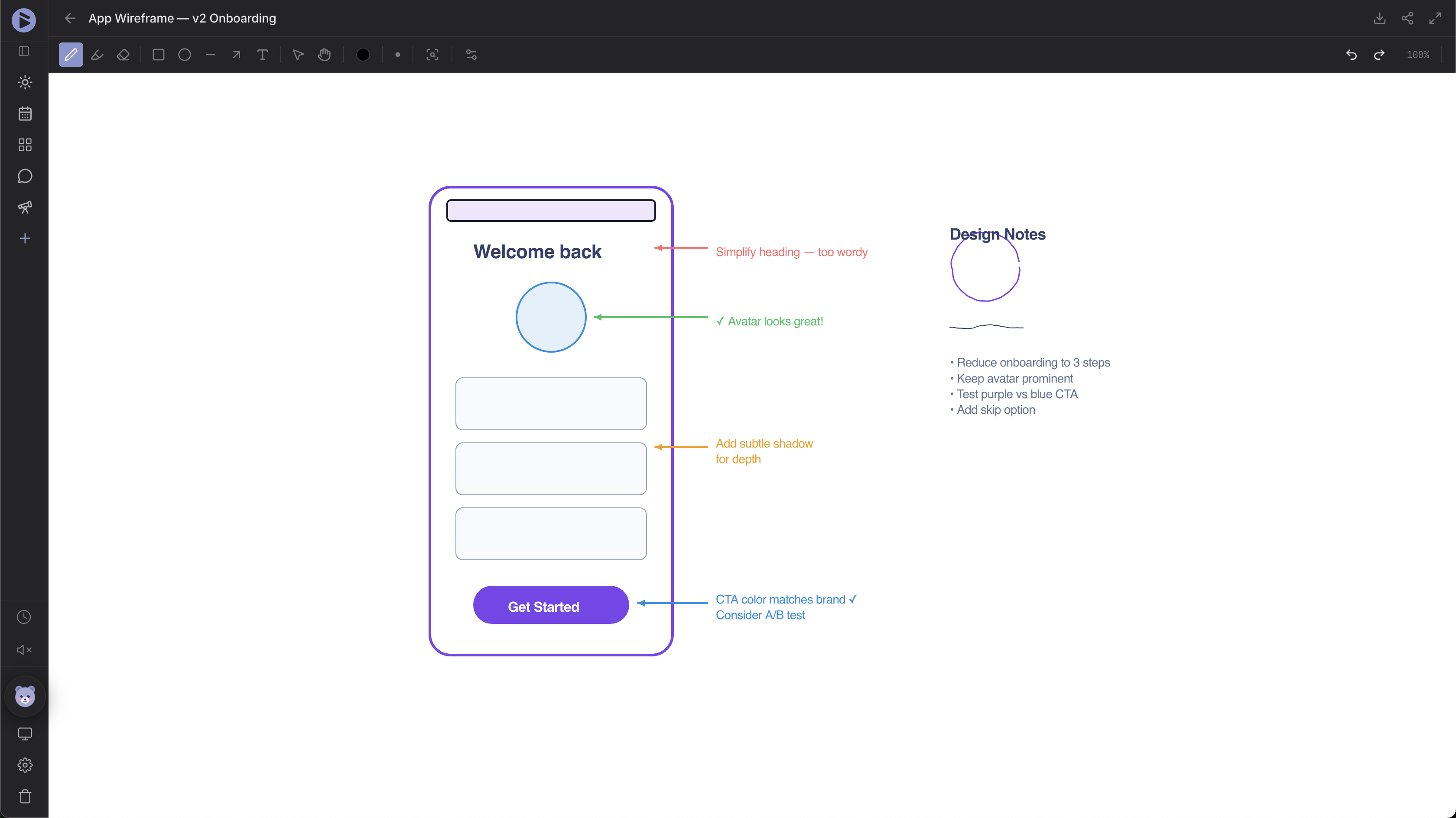 blackbear drawing canvas — wireframe mockup with annotations and brush tools
