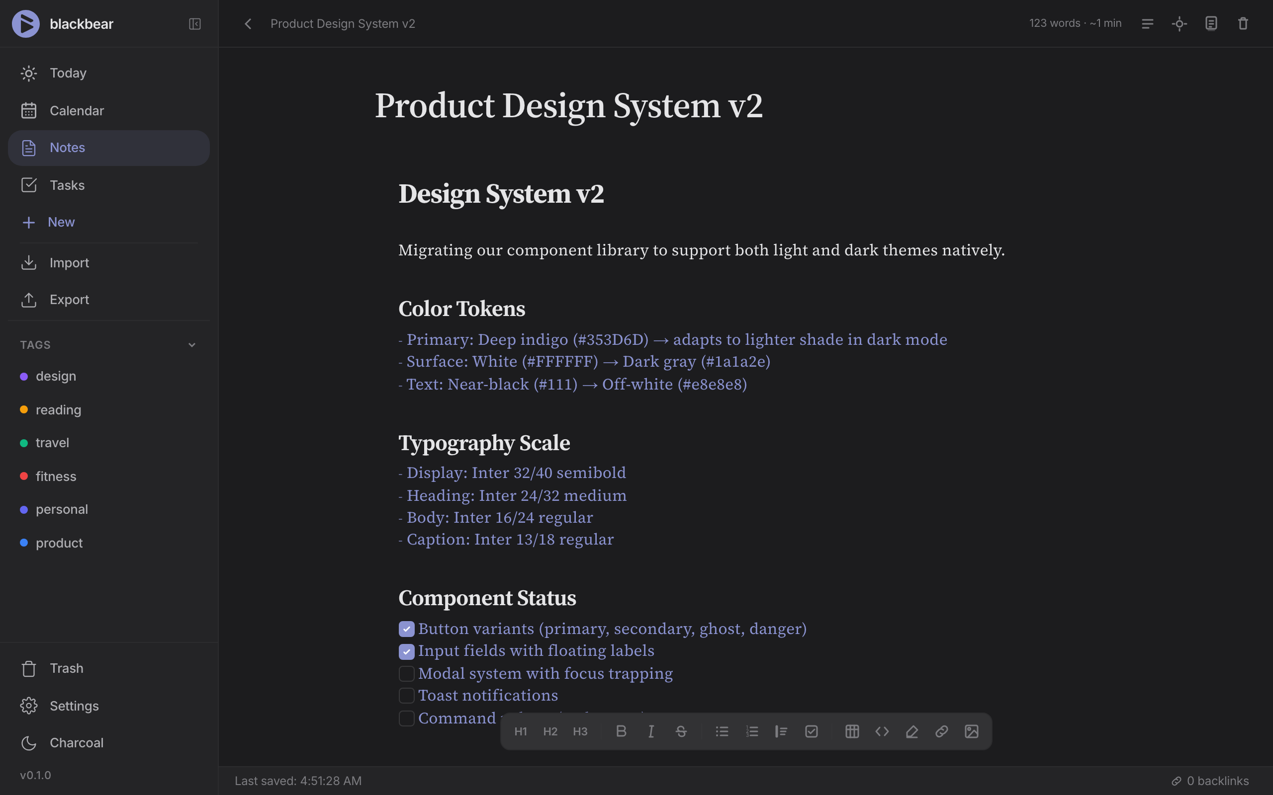 blackbear editor — bold, lists, checkboxes, live markdown