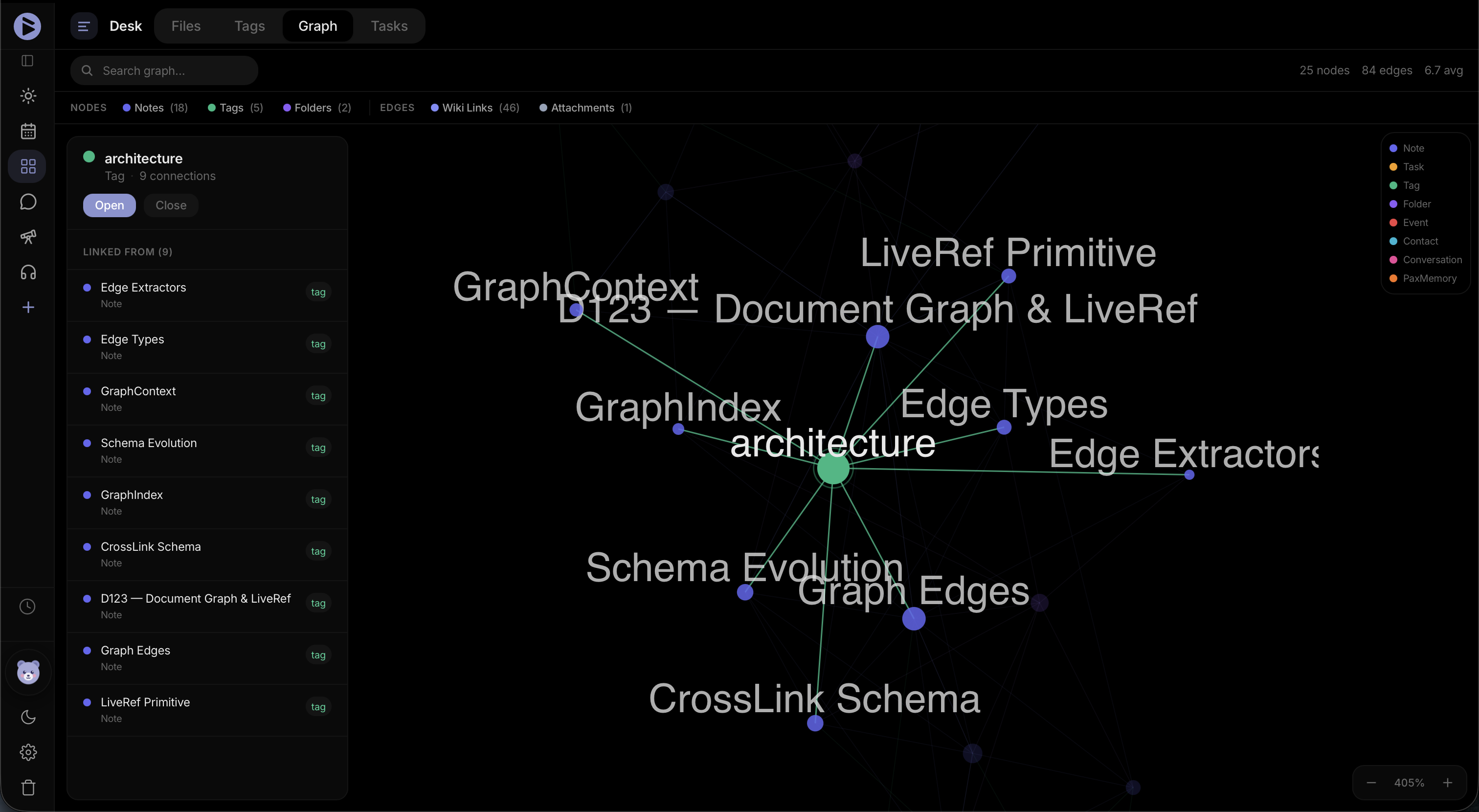 Blackbear Graph view showing cross-linked notes, tags, and documents