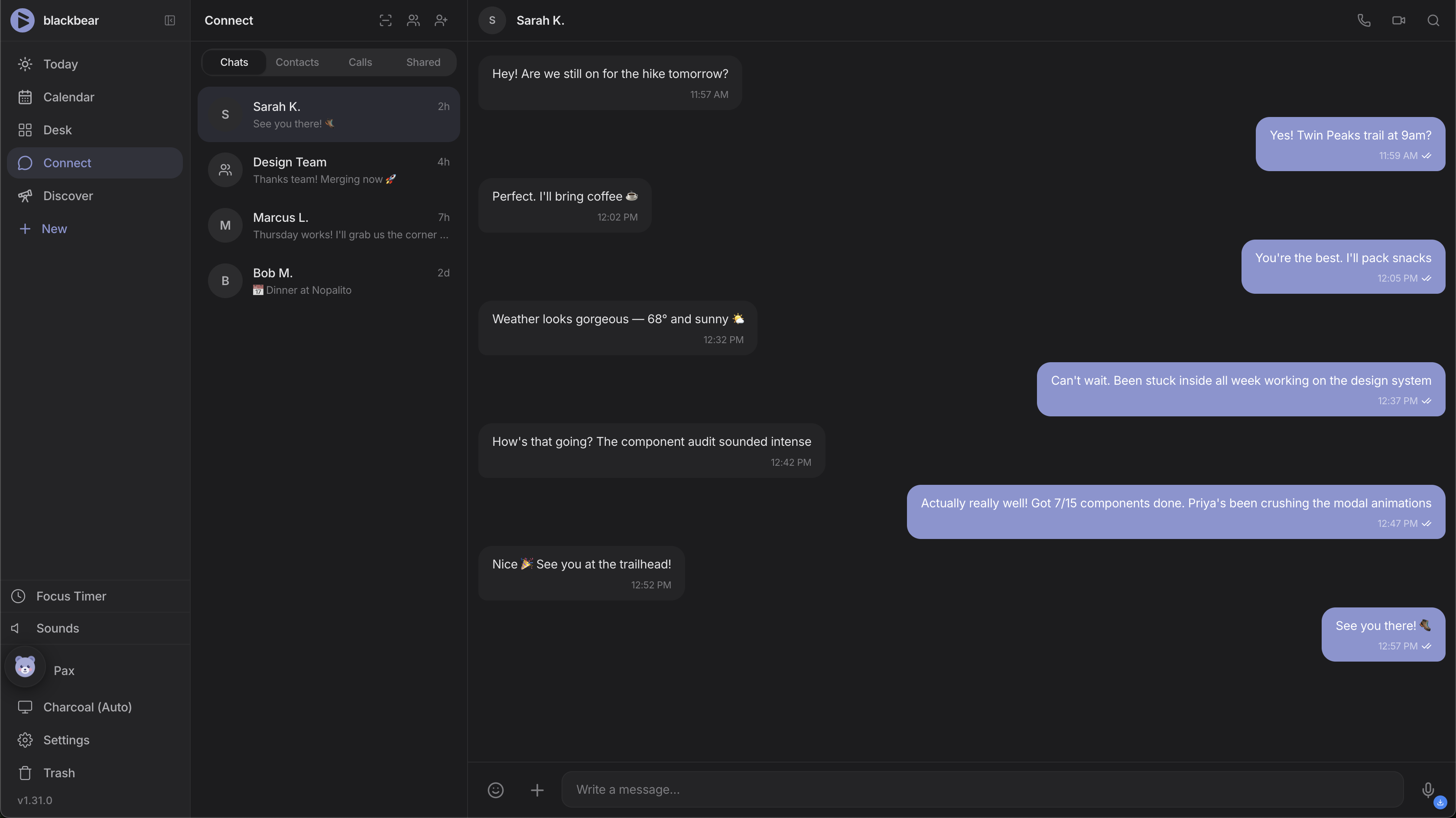 blackbear encrypted messaging — conversation with voice and video call buttons