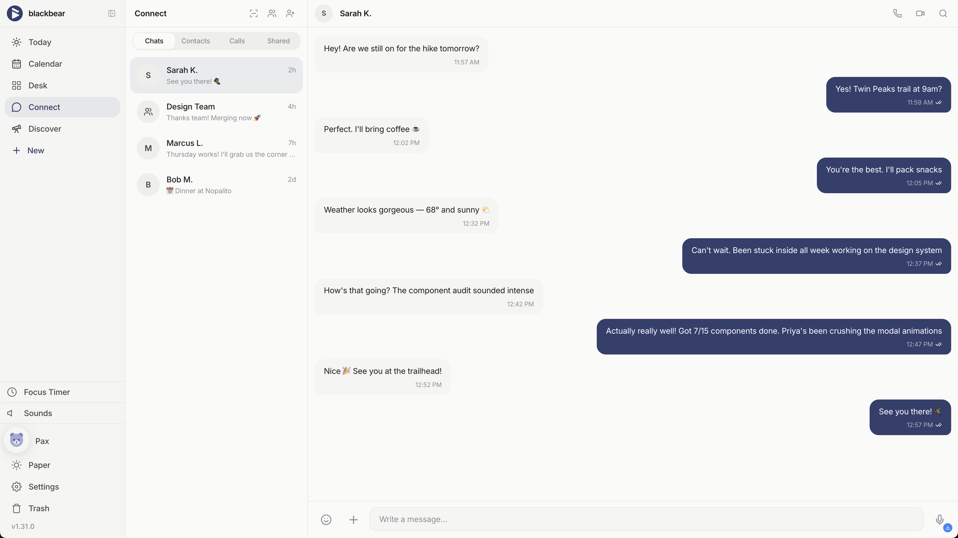 blackbear encrypted messaging — conversation with voice and video call buttons