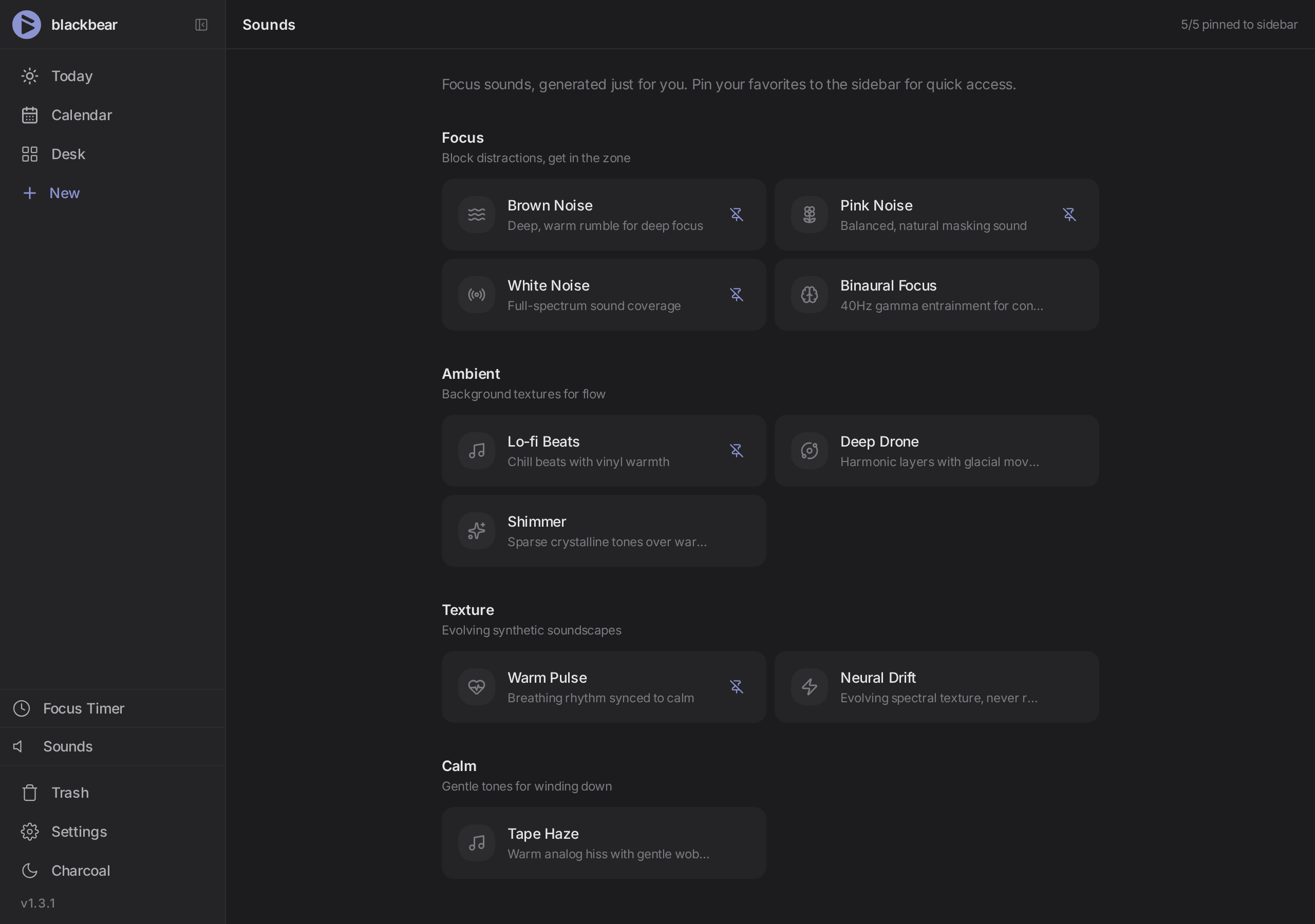 blackbear focus sounds — brown noise, lo-fi beats, binaural focus