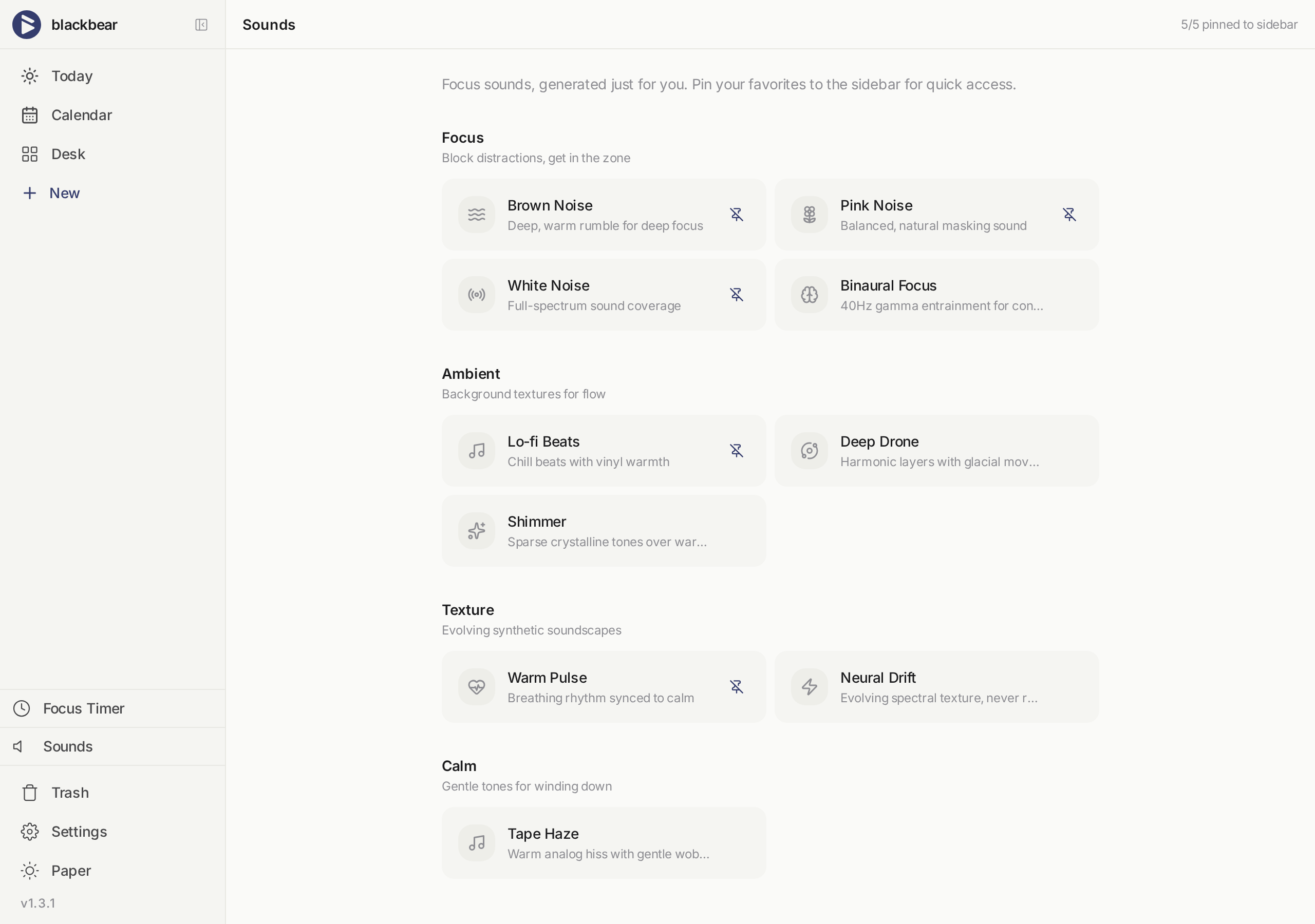 blackbear focus sounds — brown noise, lo-fi beats, binaural focus