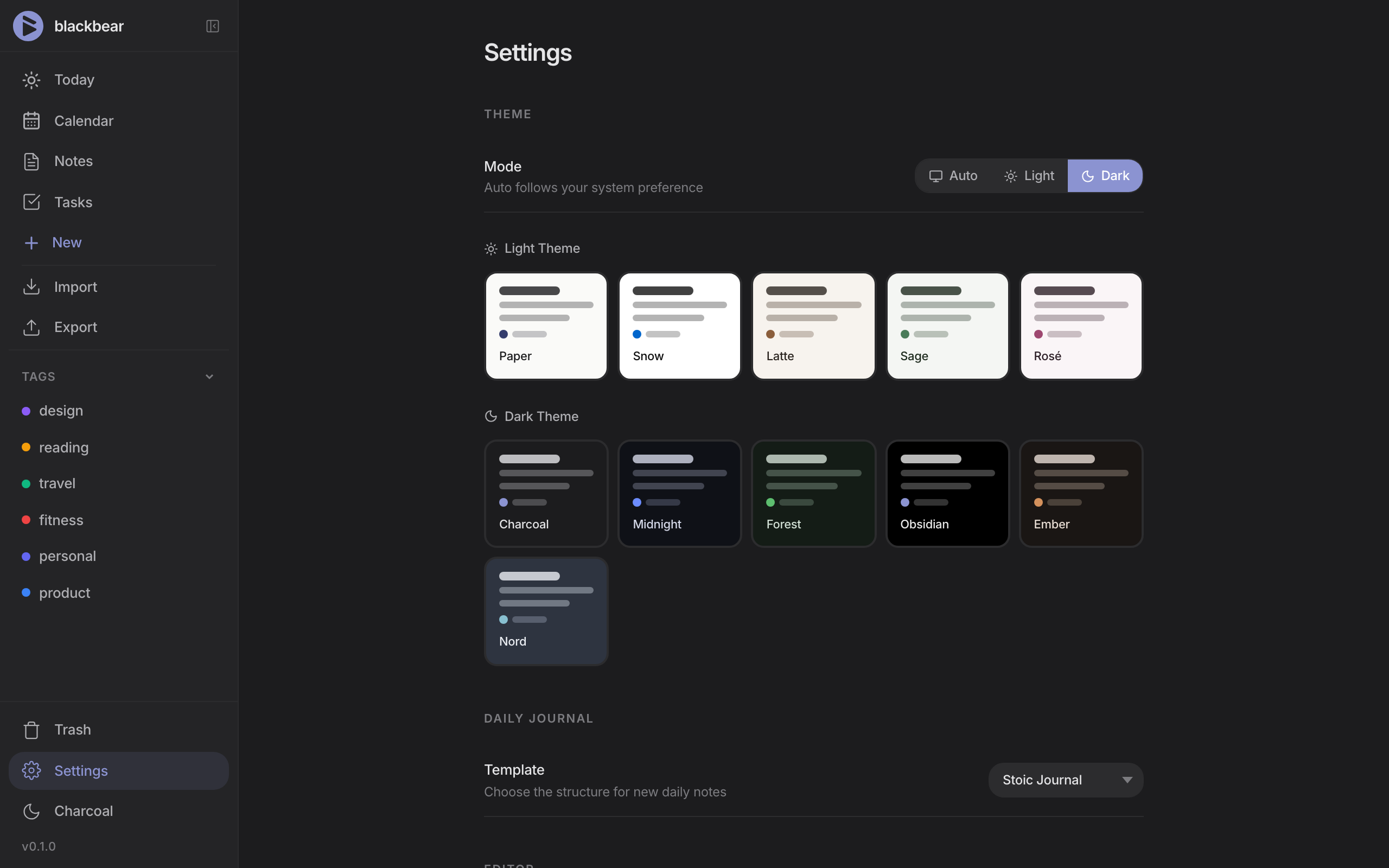 blackbear theme picker — 11 themes including dark mode