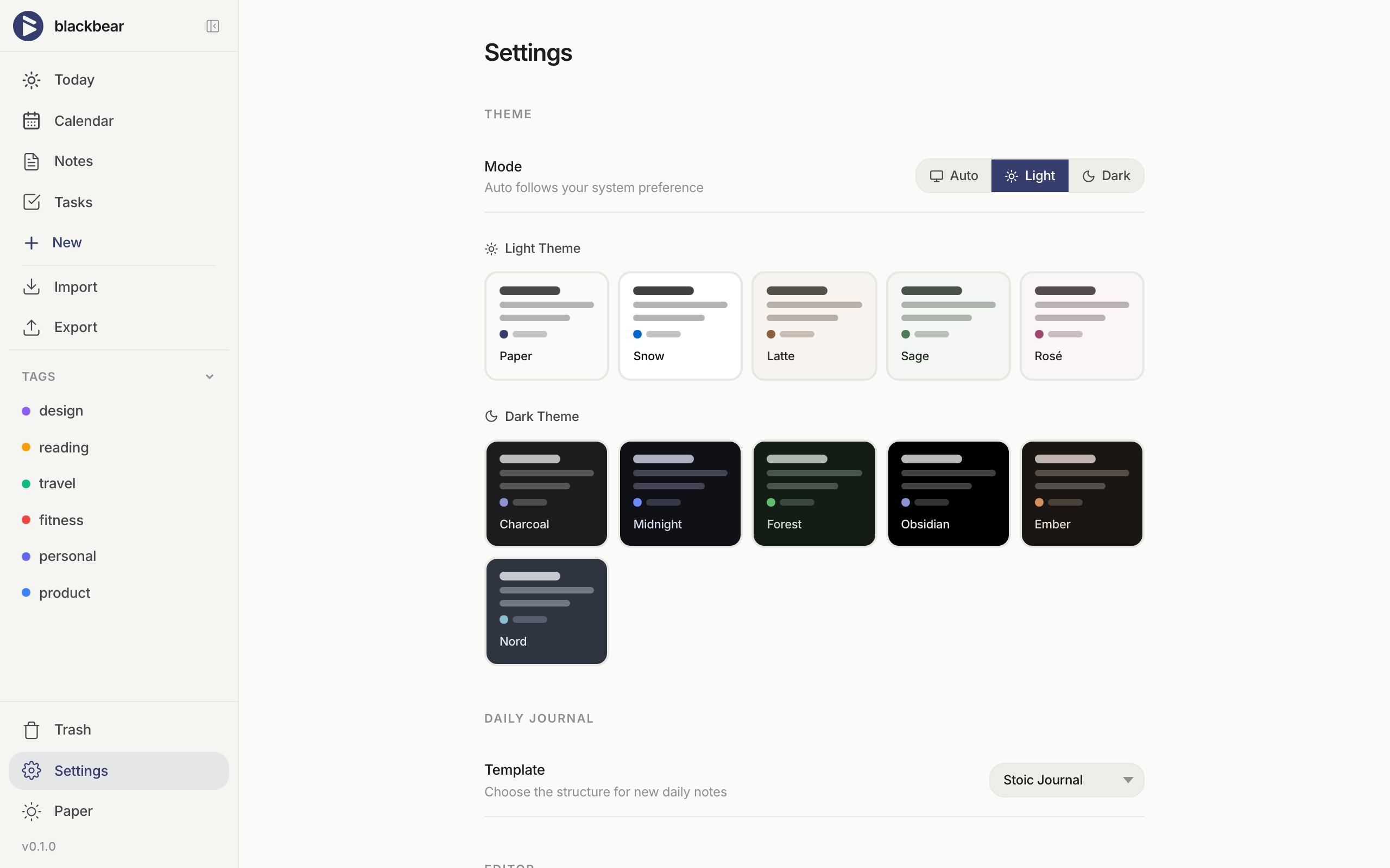 blackbear theme picker — 11 themes including dark mode