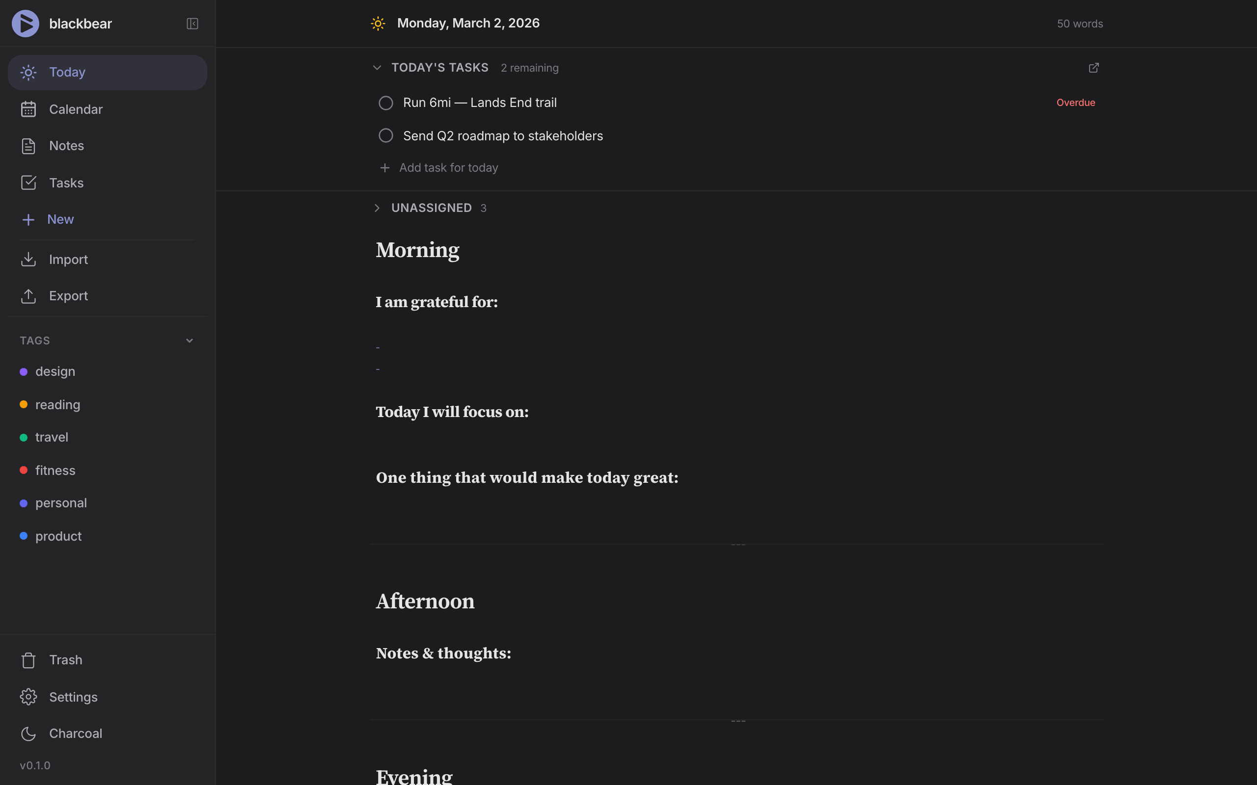 blackbear — daily journal with tasks, gratitude prompts, and focus intentions