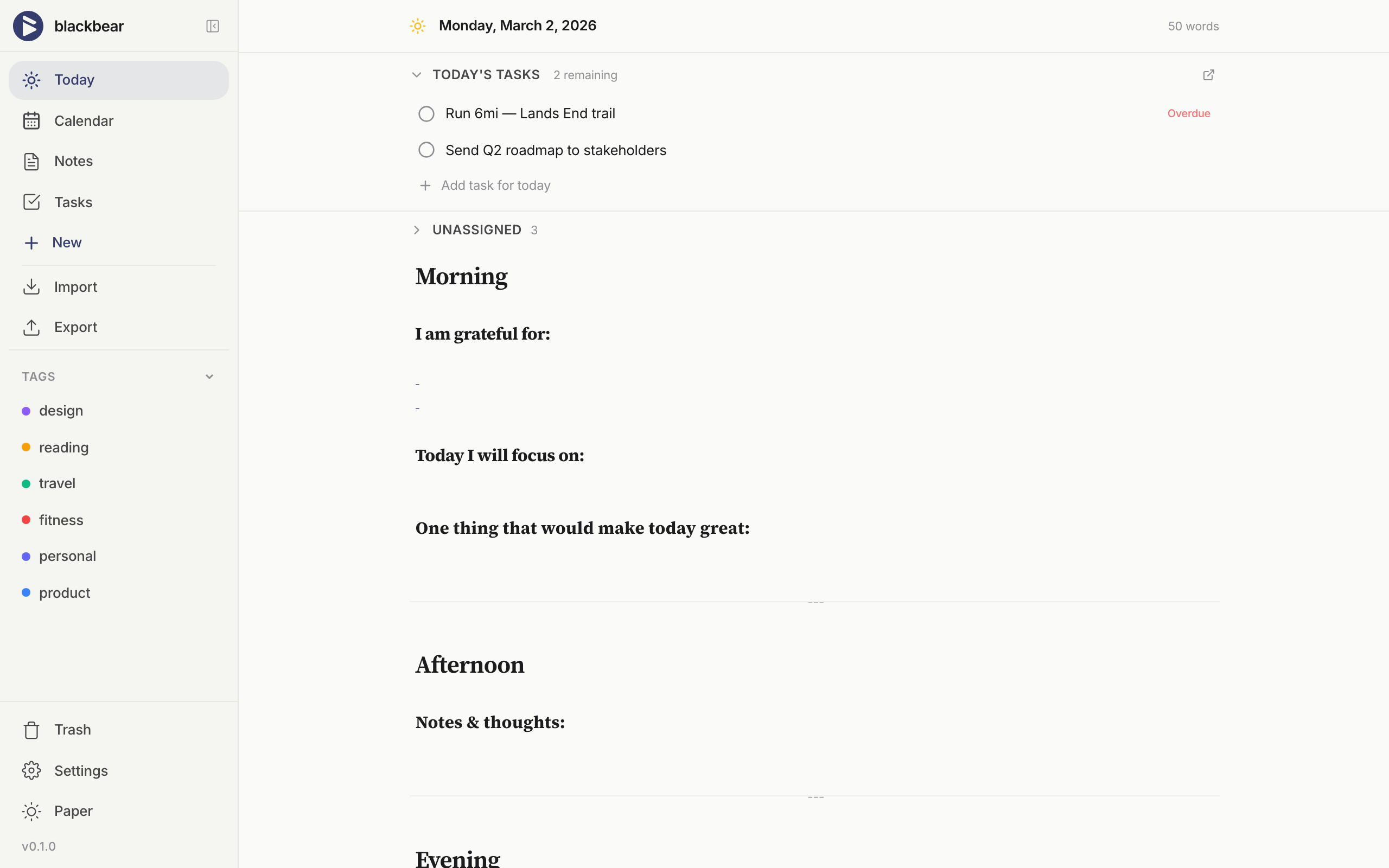 blackbear daily journal — stoic template with morning, afternoon, evening sections