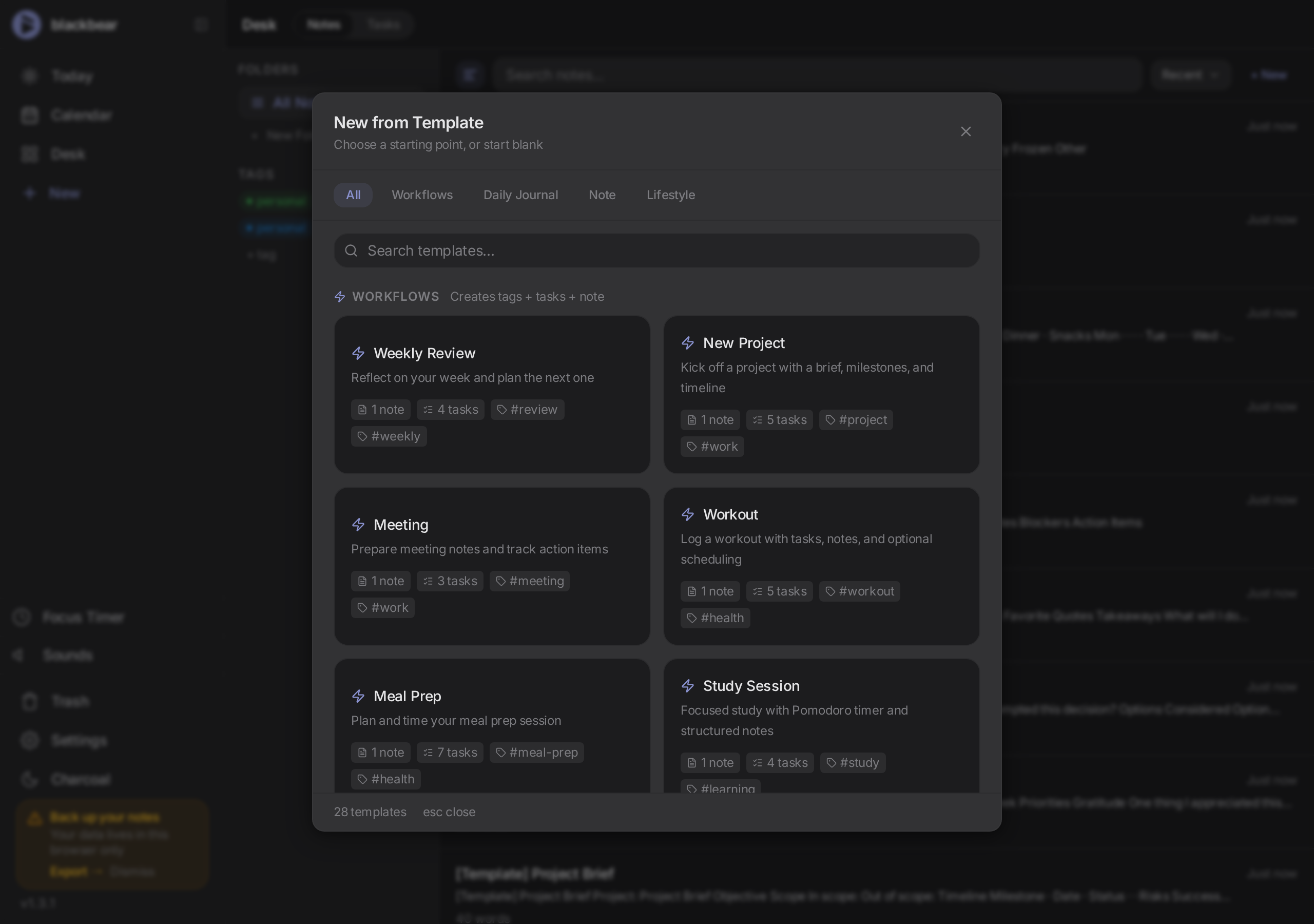 blackbear workflow templates — weekly review, workout, meal prep, study session