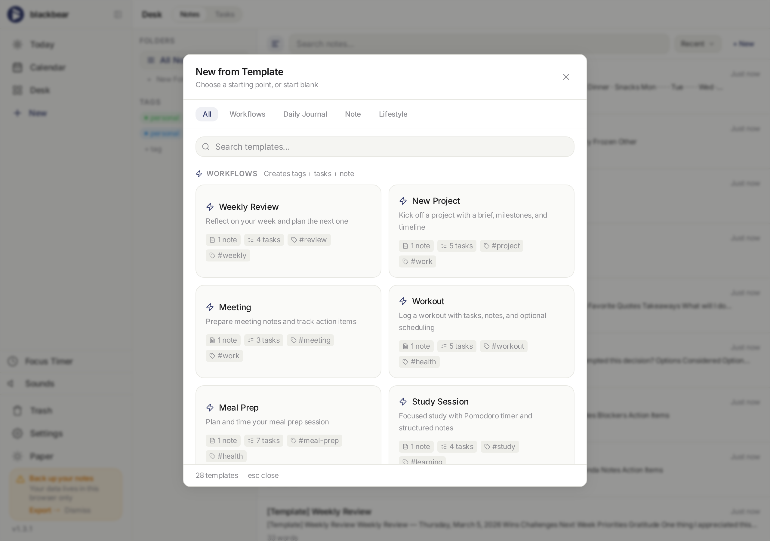 blackbear workflow templates — weekly review, workout, meal prep, study session